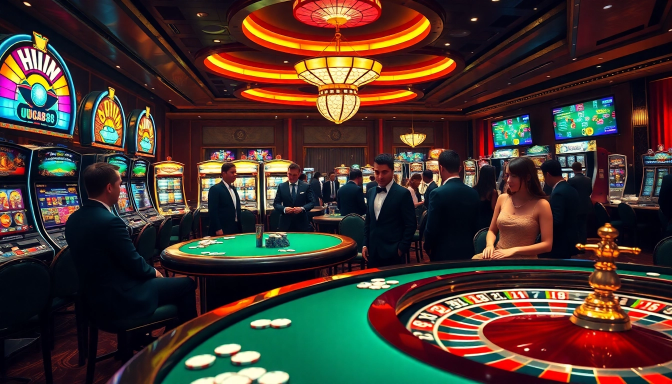 UU88 players enjoying a vibrant casino scene with poker tables and slot machines.
