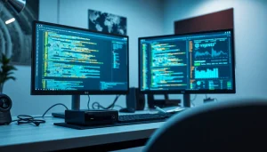 Software engineering workspace showcasing code and digital tools in a modern setup.