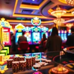 Pemain yang terlibat menikmati pengalaman taruhan slot 100 yang mendebarkan di sebuah kasino mewah.