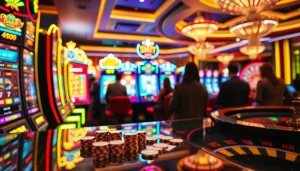 Pemain yang terlibat menikmati pengalaman taruhan slot 100 yang mendebarkan di sebuah kasino mewah.