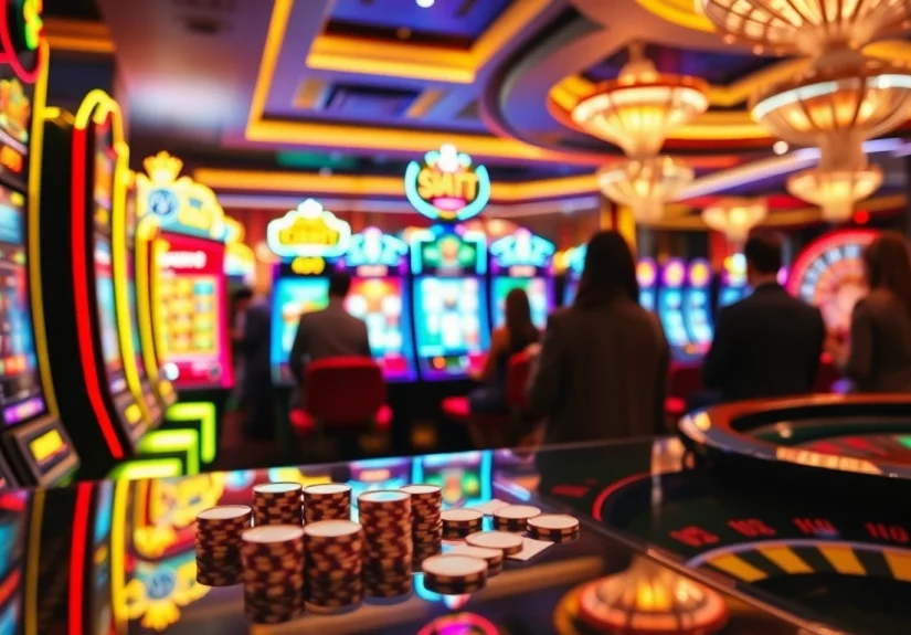 Pemain yang terlibat menikmati pengalaman taruhan slot 100 yang mendebarkan di sebuah kasino mewah.