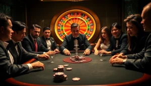 High-stakes poker players at an elegant casino table at https://lc88.jpn.com/ showcasing excitement and luxury.