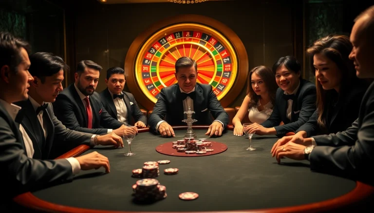 High-stakes poker players at an elegant casino table at https://lc88.jpn.com/ showcasing excitement and luxury.