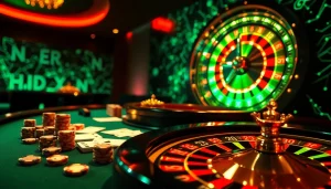 The hidden wiki dark web connection in a luxurious casino, featuring poker chips, cards, and a roulette wheel.