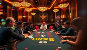 Người chơi phấn khích tại bàn poker LUCK8, trải nghiệm những pha casino đầy hồi hộp.