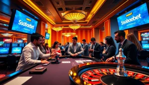 Sbobet betting action in a luxury casino with enthusiastic players at the table