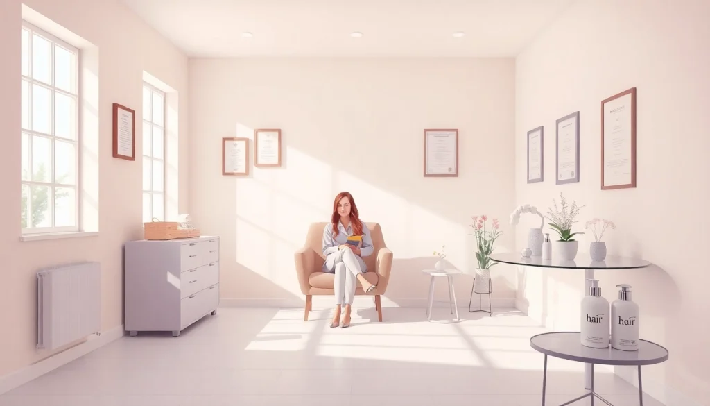 落ち着いた雰囲気のカウンセリングルームと専門的な治療製品を備えた女性の薄毛治療のシーン。