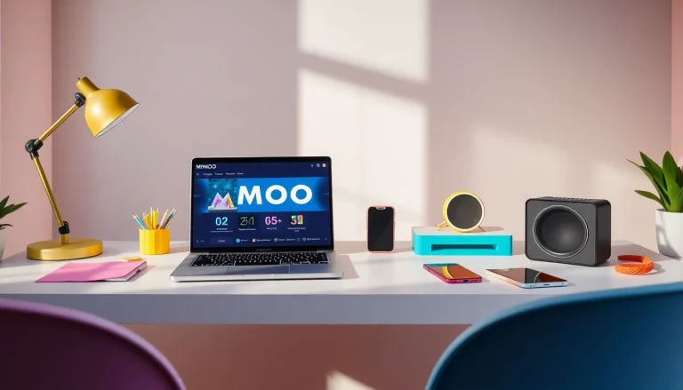 MMOO innovative workspace featuring colorful tech accessories and a sleek laptop