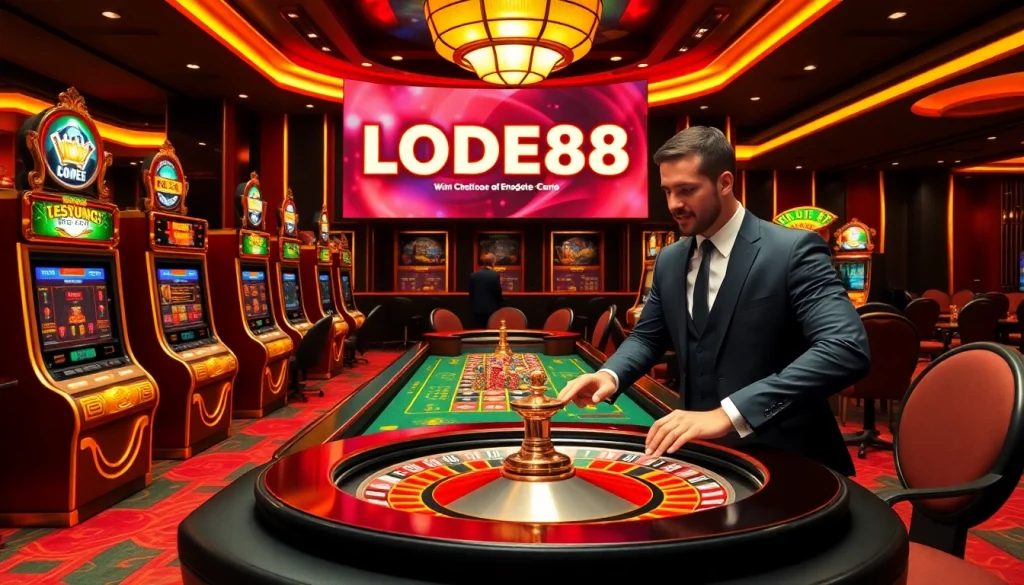 Experience the excitement of winning at LODE88 with vibrant casino elements and professional ambiance.
