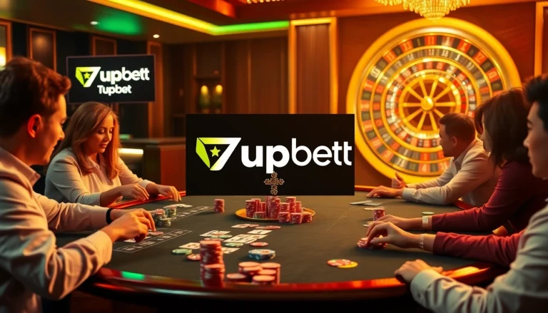 Players enjoying poker at a casino table with 7upbet branding, colorful chips and cards visible.