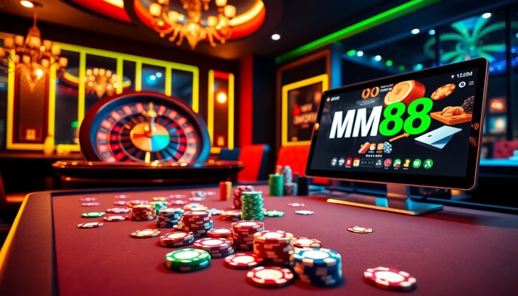 Experience MM88's thrilling gambling atmosphere with vibrant poker chips and roulette excitement.