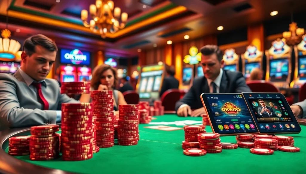 Experience the excitement of high-stakes poker at OKWIN – vibrant casino scene with professional players and luxury details.