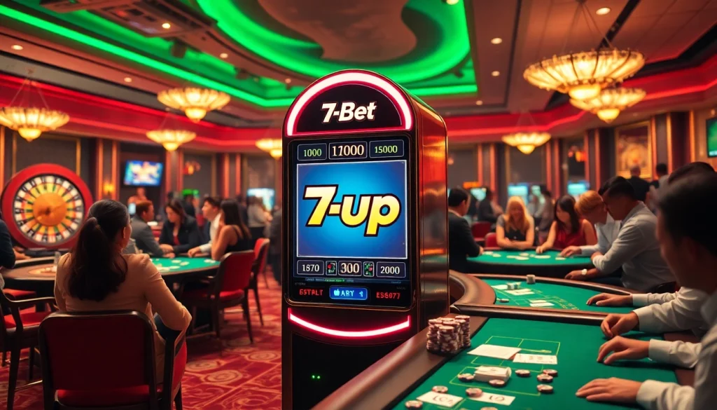 Experience the thrill of 7upbet at a luxurious casino featuring vibrant slot machines and gaming tables.