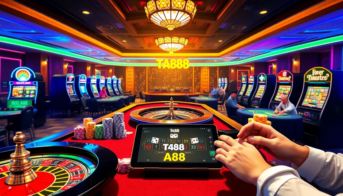 ta88 online gambling atmosphere showcasing poker players, vibrant casino tables, and thrilling excitement
