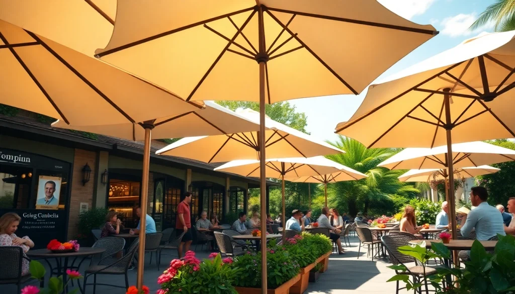 Premium skėčiai su įmonės logotipais lauko kavinės aplinkoje.