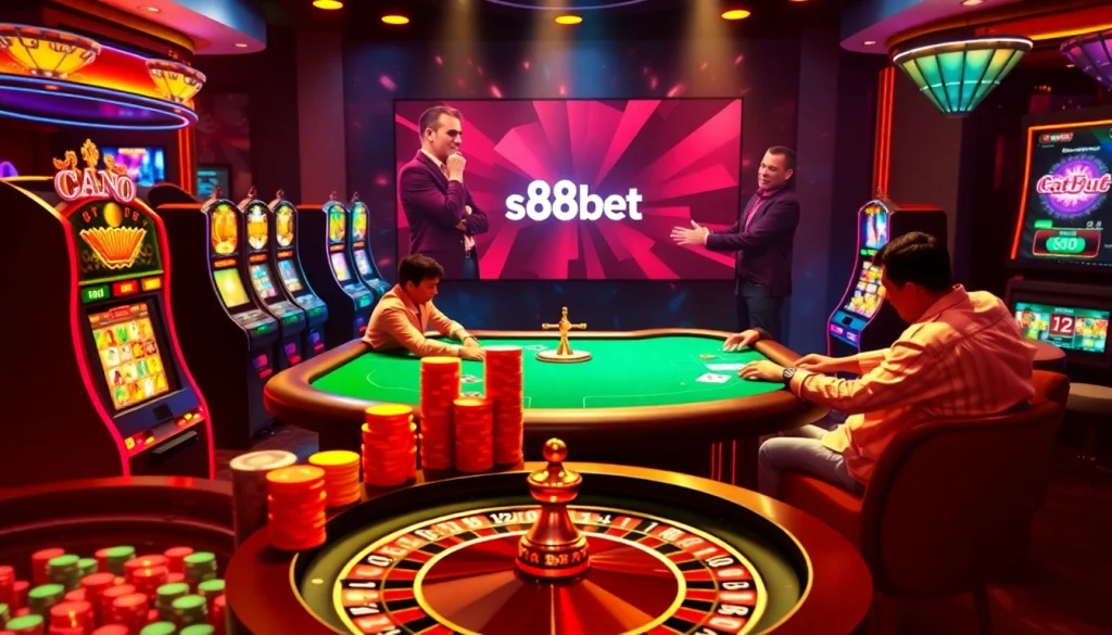S88bet players engaging in thrilling poker gameplay at a luxurious casino table.