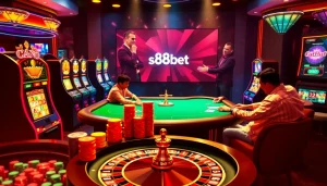 S88bet players engaging in thrilling poker gameplay at a luxurious casino table.