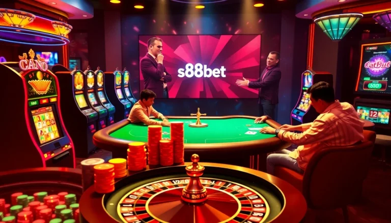 S88bet players engaging in thrilling poker gameplay at a luxurious casino table.