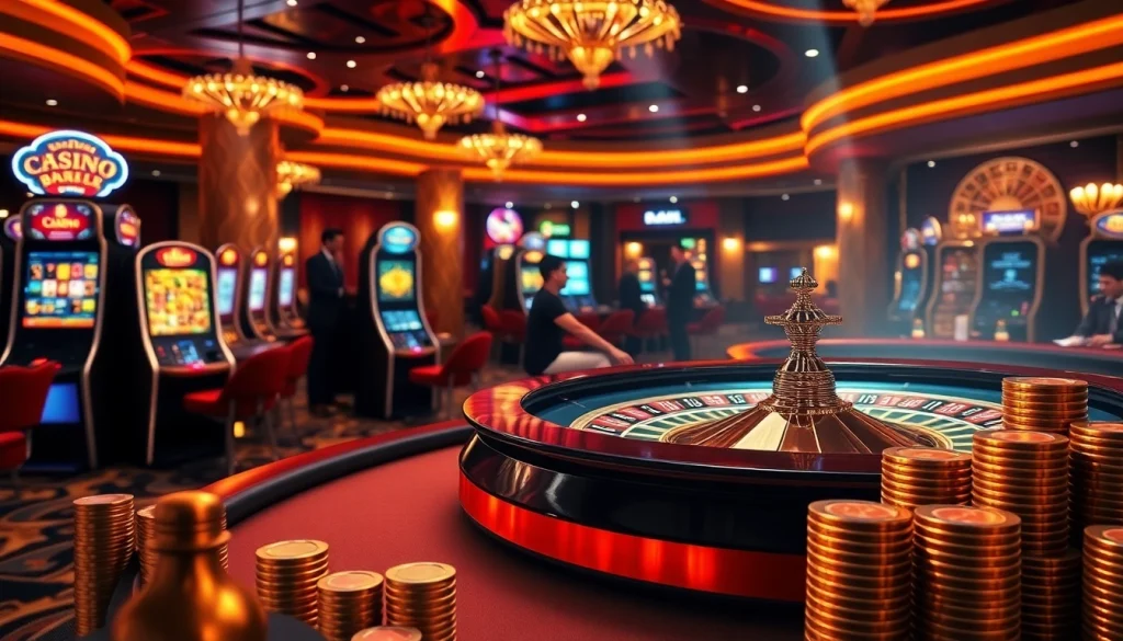 Experience the thrill of online gambling at https://mk8th.net/ with a luxurious casino interface featuring vibrant tables and exciting games.