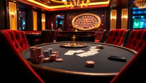 A high-stakes poker scene at nhà cái tobet88 featuring vibrant chips and elegant game settings.