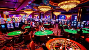 Experience thrilling moments at u888 com with vibrant casino gameplay scenes featuring slot machines and poker tables.