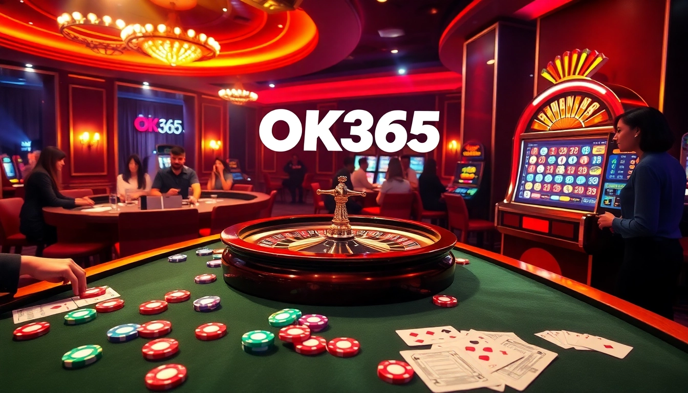 Players enjoying an engaging casino experience with OK365, featuring vibrant roulette and poker action.