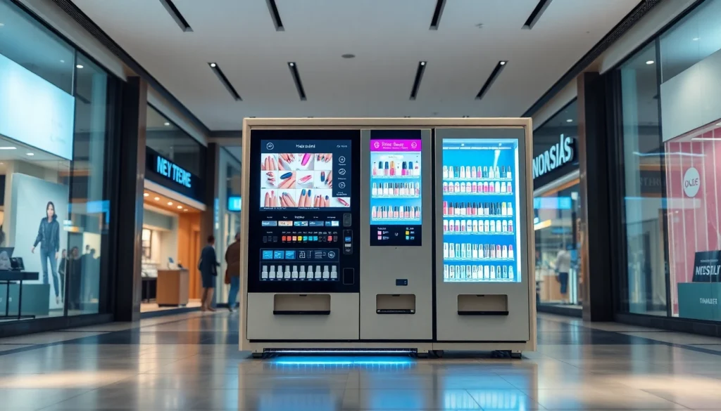 Nail vending machine with touchscreen and vibrant nail design options in modern shopping environment.