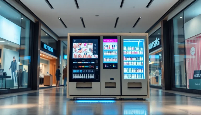 Nail vending machine with touchscreen and vibrant nail design options in modern shopping environment.