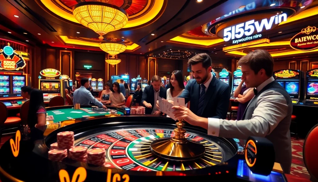 Experience high-stakes excitement at 555win with gamblers at a vibrant casino table.