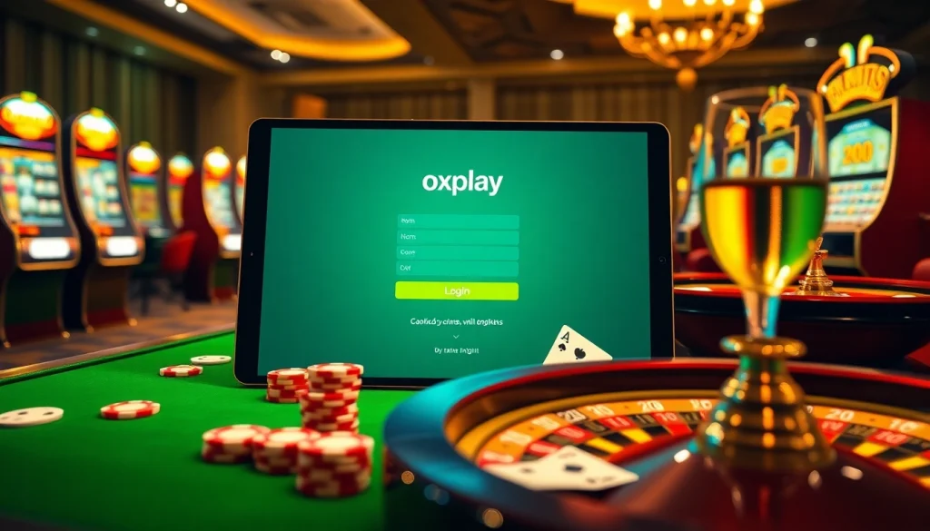 Experience the excitement of oxplay login with vibrant slot machines and casino elements.
