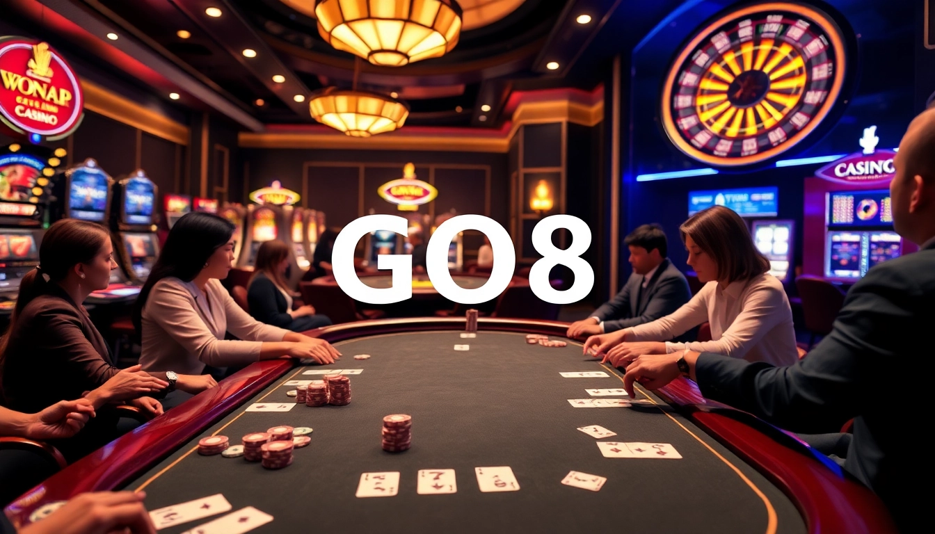 GO8 players eagerly place bets at an upscale casino, showcasing vibrant slot machines and an engaging poker table.