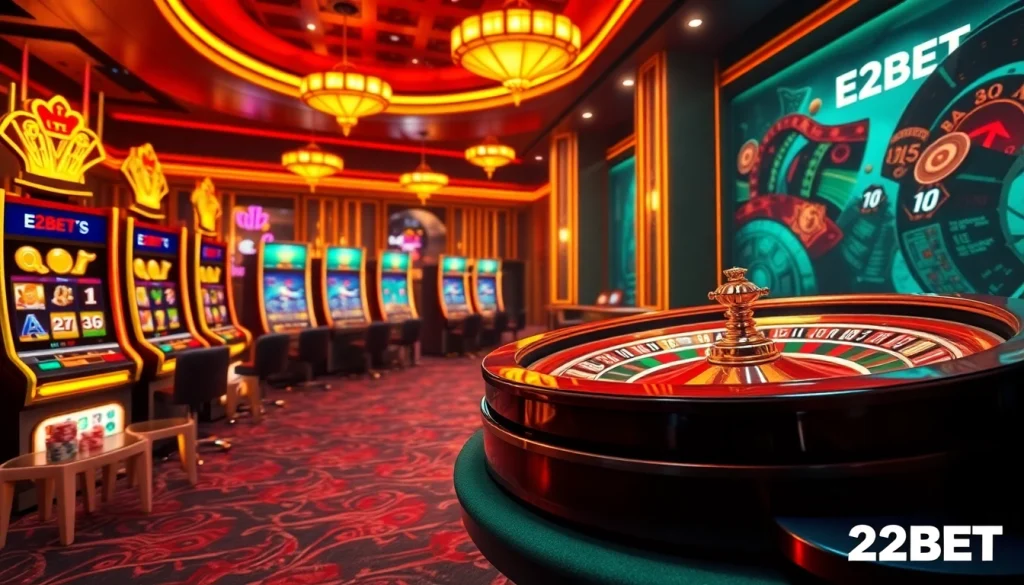 E2BET online casino showcasing colorful poker chips and vibrant slot machines.