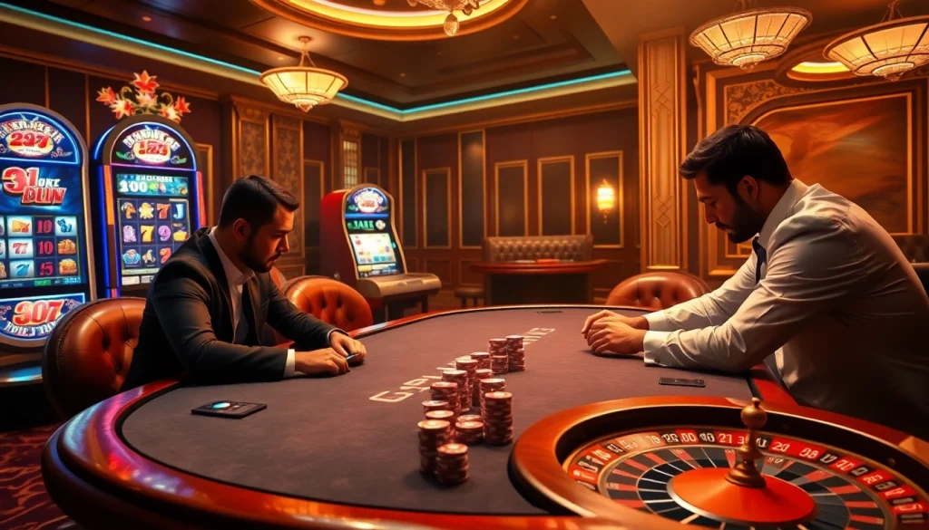 Experience the thrill at j88vip2 with a lively poker game and vibrant casino elements.