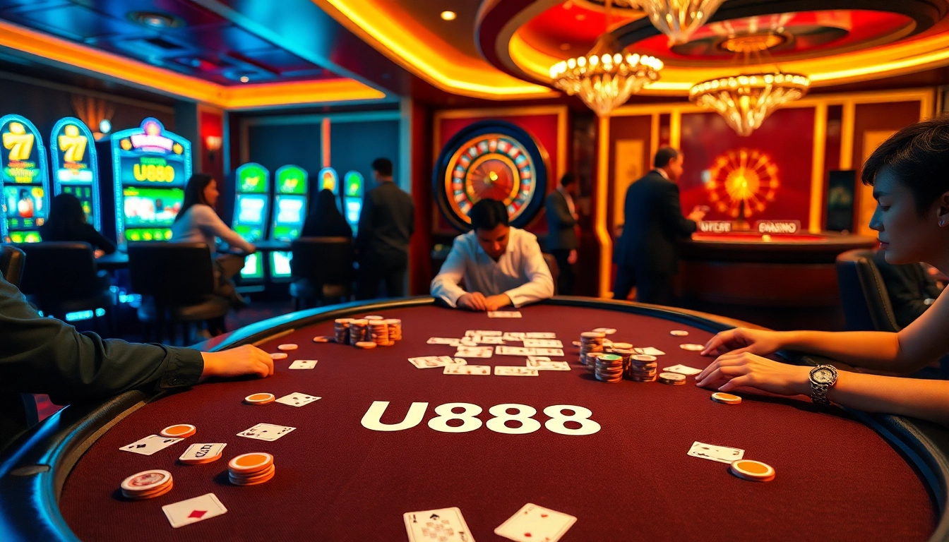 Players enjoying a thrilling poker game at U888 casino table with vibrant chips and cards.