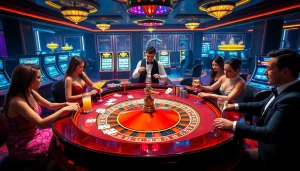 Capture the excitement of Gojekpot at a luxurious casino with players engaging at a roulette table.