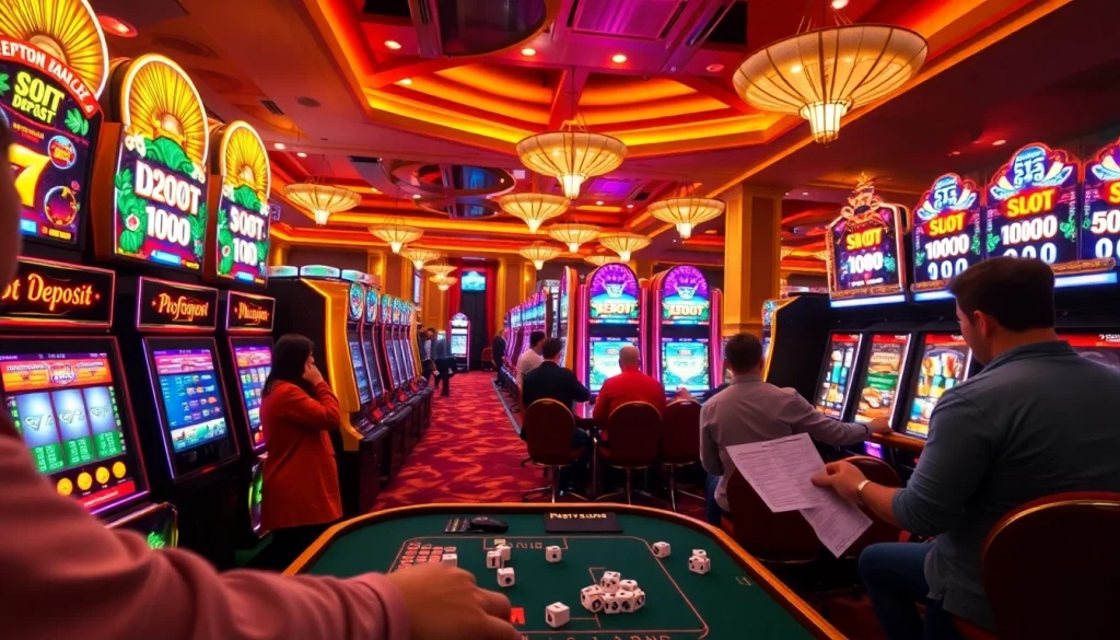 Engage with the thrill of slot deposit 1000 at a vibrant casino filled with players and colorful machines.