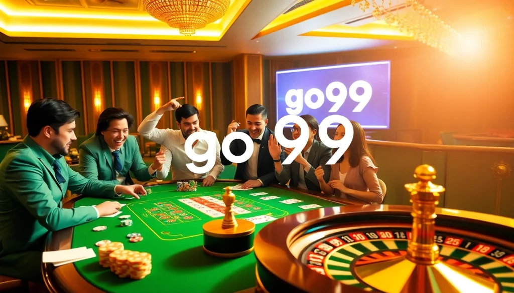 Players enjoying a high-stakes game at GO99 casino, showcasing cards and chips.