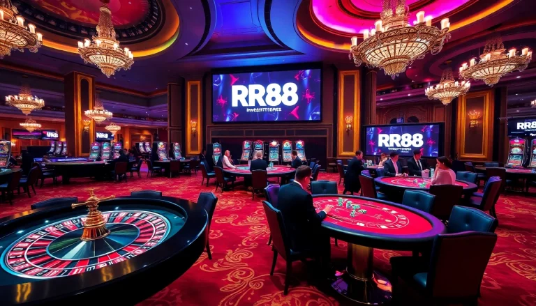 Experience high stakes with RR88 in an elegant casino setting featuring roulette and poker.
