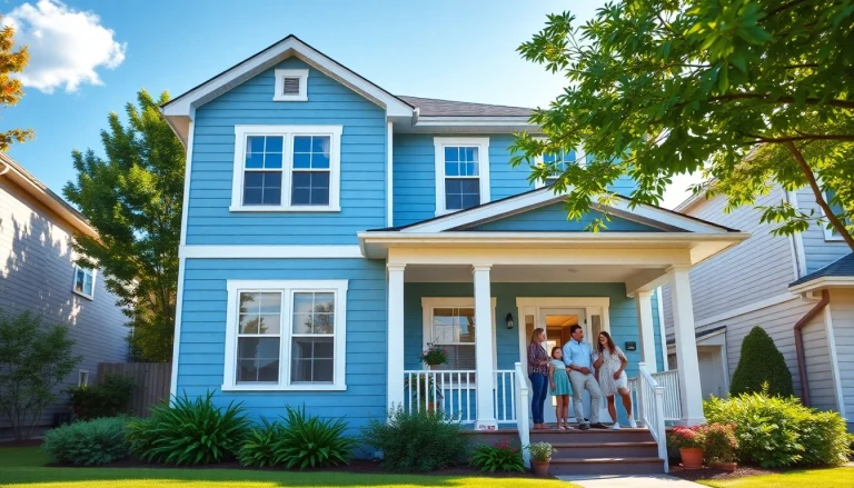 Exterior painting of a modern house with a blue finish and white trim, showcasing professional quality and curb appeal.