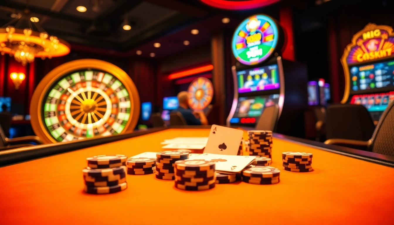 Gamblers enjoying a high-stakes game at mv88 casino with poker chips and roulette wheel.