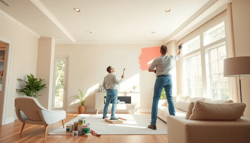 Home Painting Companies: Skilled painter transforming a stylish living room with vibrant colors