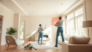 Home Painting Companies: Skilled painter transforming a stylish living room with vibrant colors