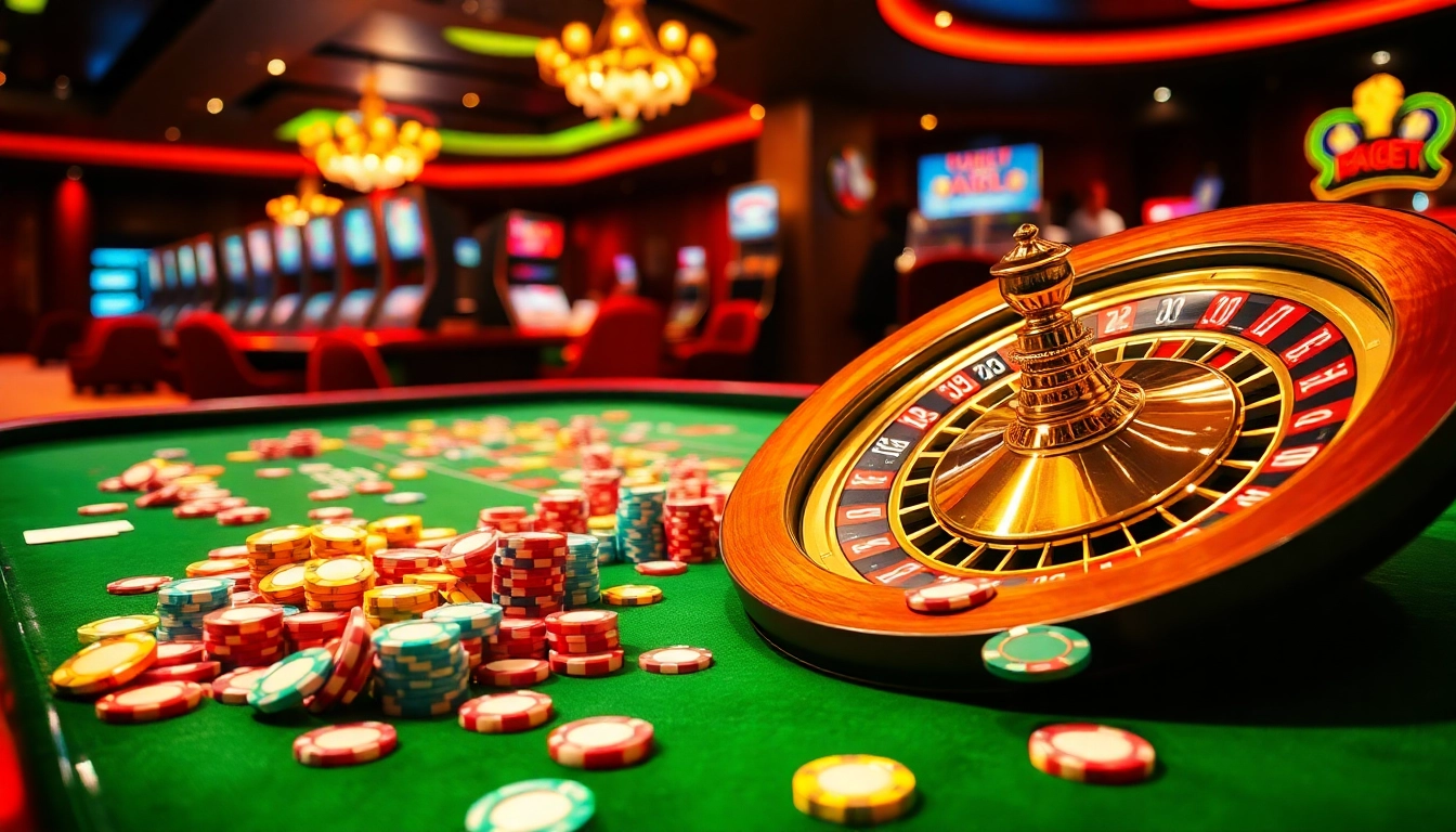 Experience a thrilling moment on the FABET gaming platform with colorful poker chips and a striking roulette wheel.