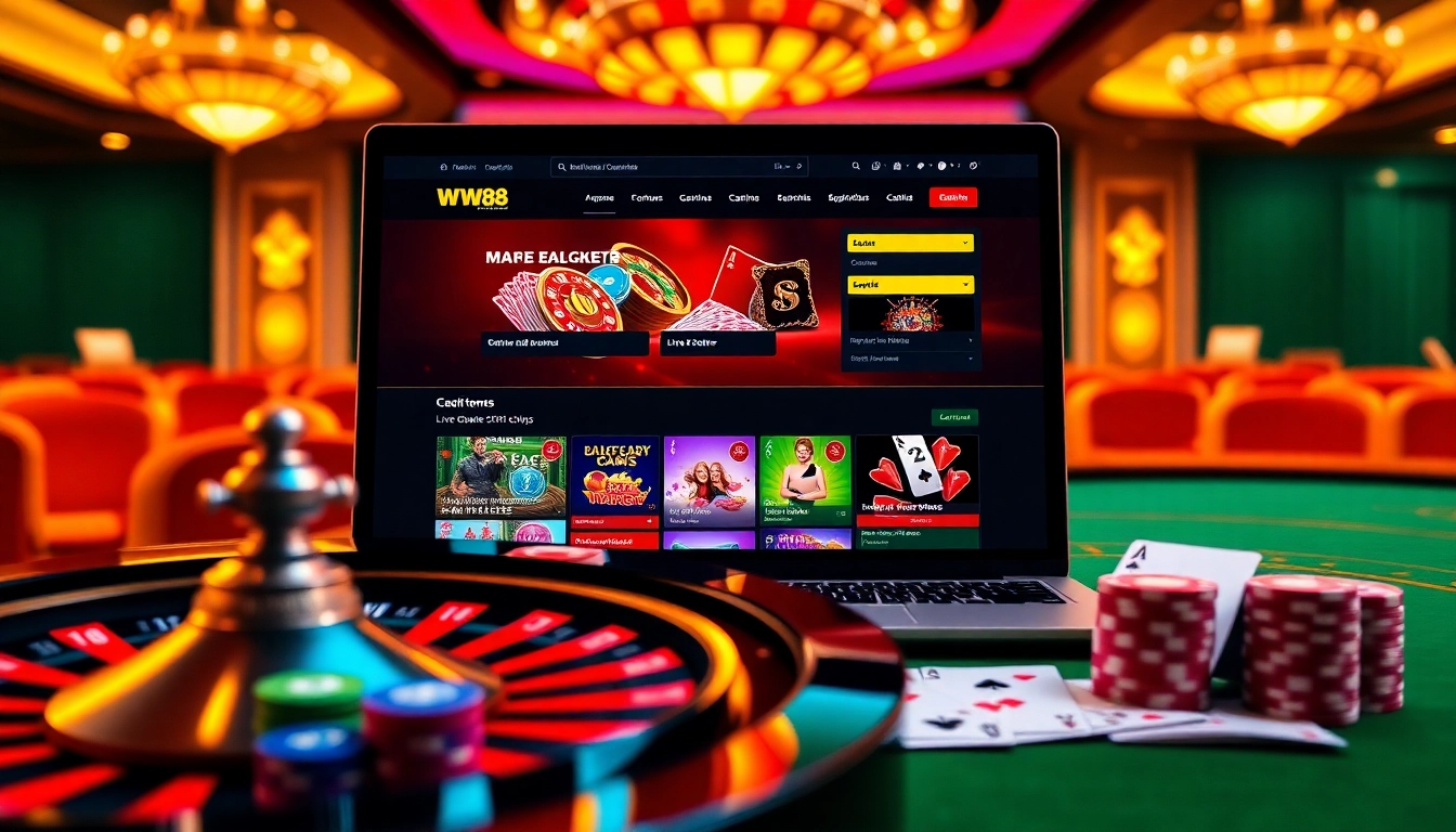 Experience WW88's thrilling online gaming environment with poker chips, a laptop display, and roulette.