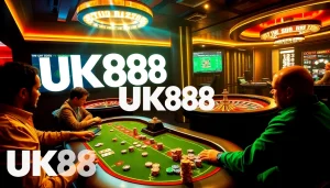 Engaging poker game scene with UK88 branding, showcasing vibrant casino atmosphere.