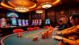 Experience the thrill of gambling at 789f.com with a vibrant casino scene featuring high-stakes poker action and luxurious decor.