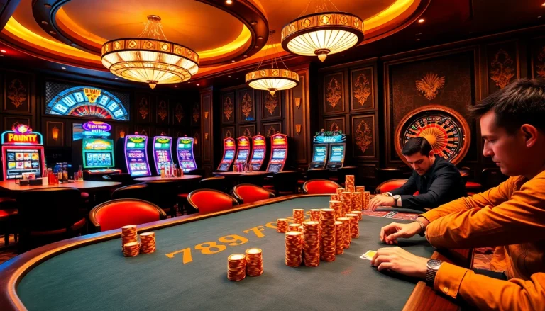 Experience the thrill of gambling at 789f.com with a vibrant casino scene featuring high-stakes poker action and luxurious decor.