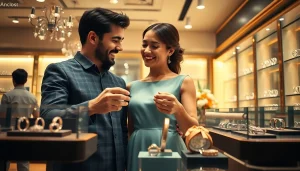 愛を映す、上質な宝石店で結婚指輪を選ぶカップル。