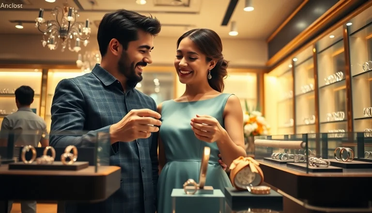 愛を映す、上質な宝石店で結婚指輪を選ぶカップル。