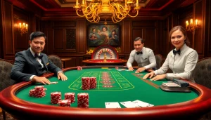A glamorous scene of high-stakes gambling at nova88 casino featuring blackjack tables and roulette wheels.